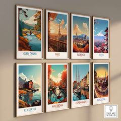 Glen Tanar Scotland Wall Art Print among other cityscape prints like Paris and Tokyo on a gallery wall.