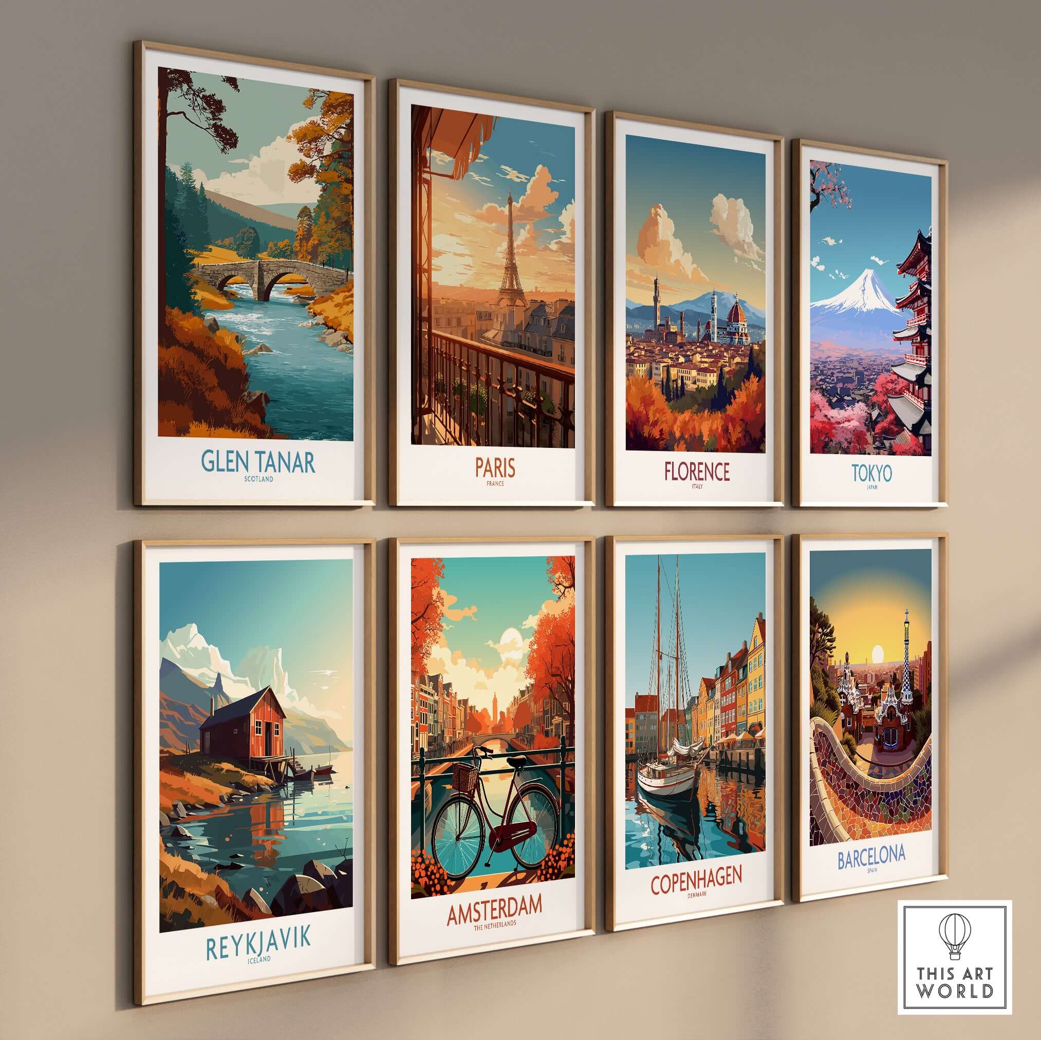 Glen Tanar Scotland Wall Art Print among other cityscape prints like Paris and Tokyo on a gallery wall.