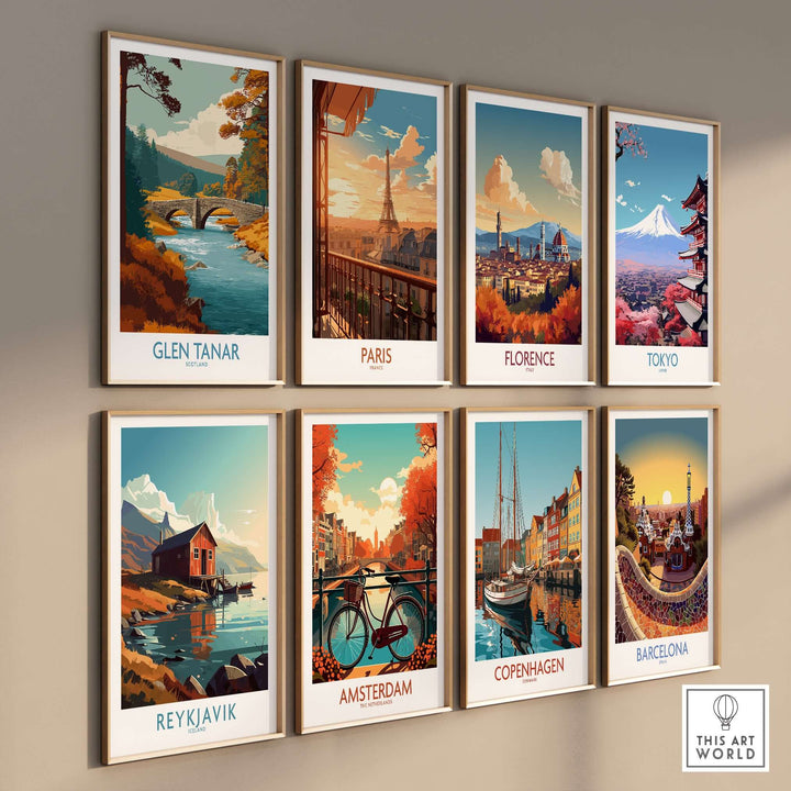 Glen Tanar Scotland Wall Art Print and other cityscape posters on a gallery wall, showcasing vibrant landscapes.