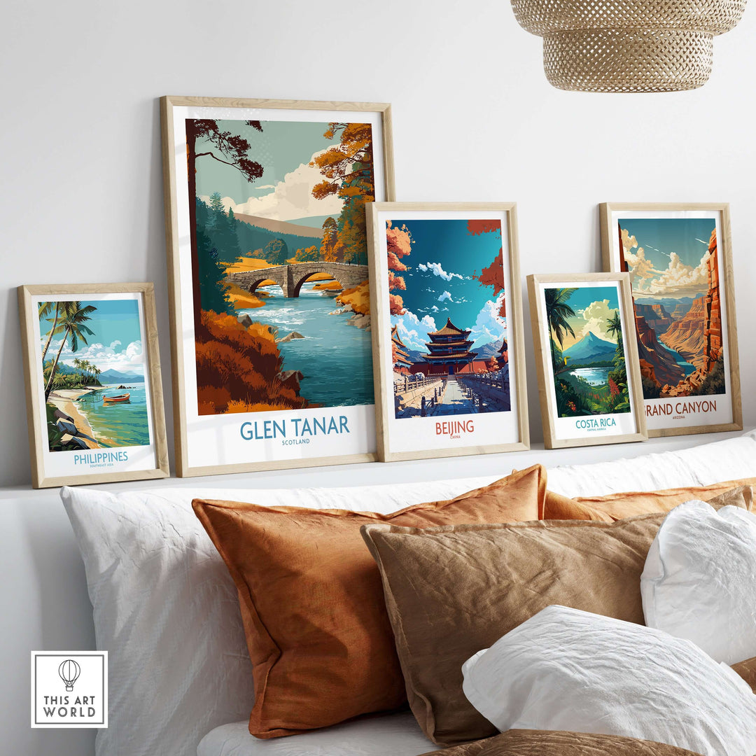 Stylish wall display with Glen Tanar Scotland art print among other travel-themed prints, showcasing beautiful landscapes.