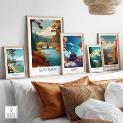 Glen Tanar Scotland Wall Art Print displayed among other travel-themed art prints in a stylish home setting.
