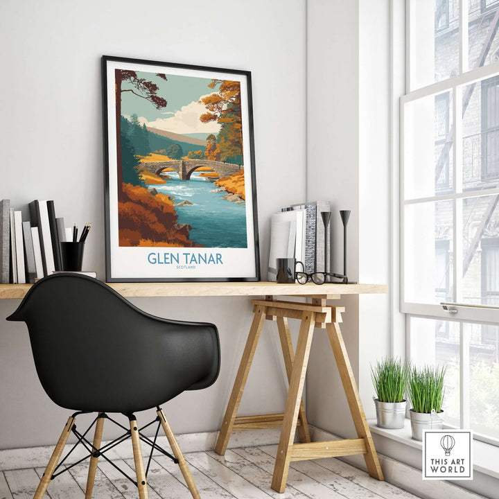 Glen Tanar Scotland wall art print displayed in a cozy workspace, featuring a serene landscape and charming design.