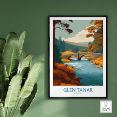 Glen Tanar Scotland Wall Art Print featuring a picturesque landscape with a bridge and river.