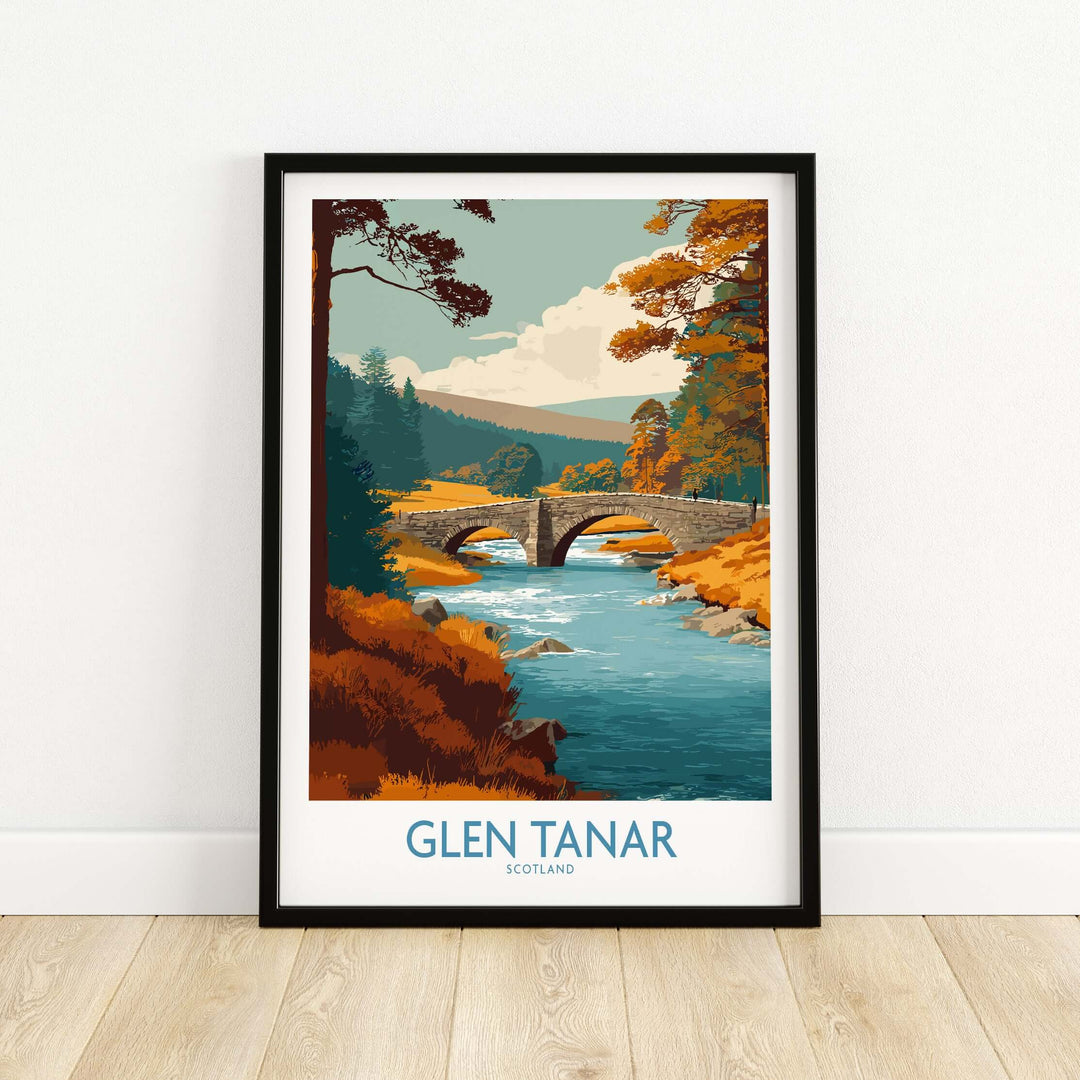 Glen Tanar Scotland wall art print featuring a scenic landscape with a river and a stone bridge.