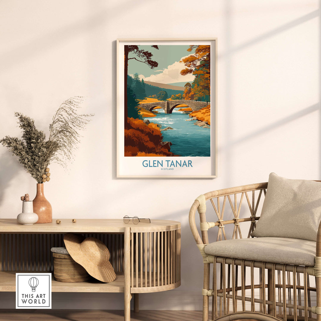 Glen Tanar Scotland wall art print featuring a scenic landscape and a charming river bridge.
