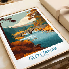 Glen Tanar Scotland Wall Art Print featuring a scenic bridge and vibrant landscape details.