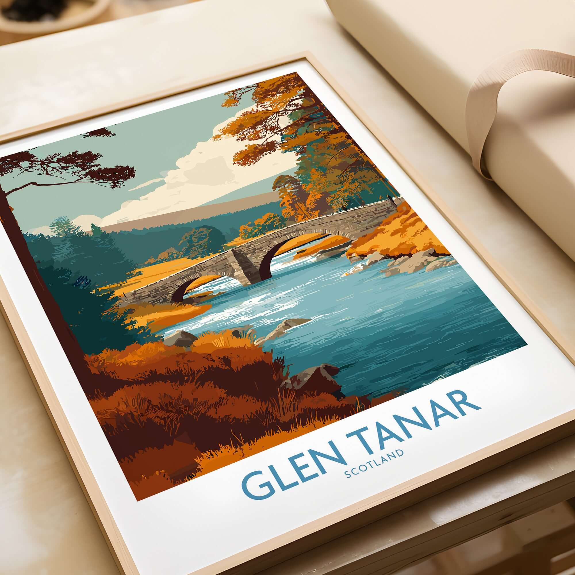 Glen Tanar Scotland Wall Art Print featuring a scenic bridge and vibrant landscape details.
