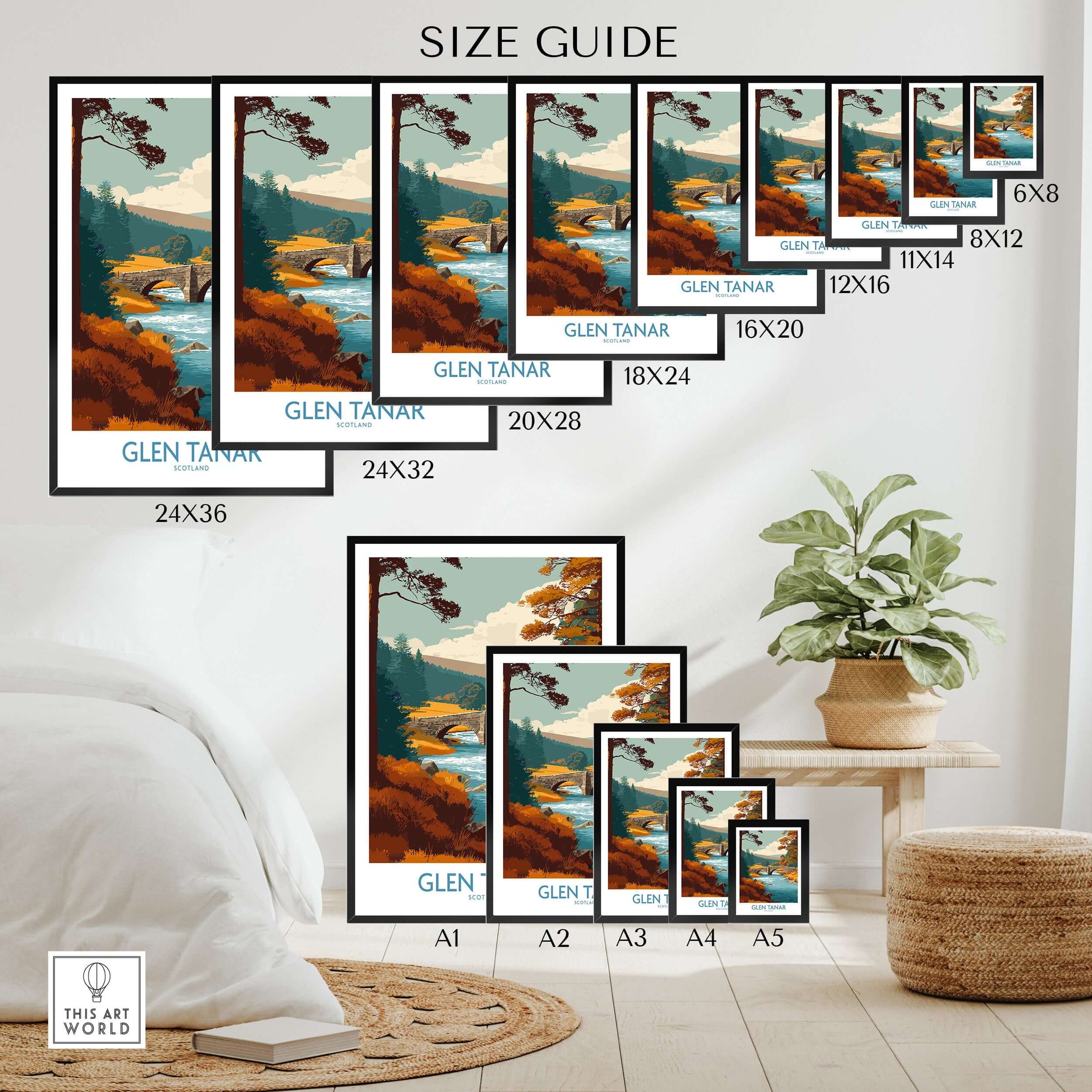 Glen Tanar Scotland Wall Art Print size guide with various frame sizes in a cozy home setting.