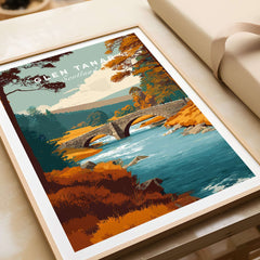 Glen Tanar Scotland Wall Art featuring a serene landscape with a bridge over a river, surrounded by lush autumn colors.