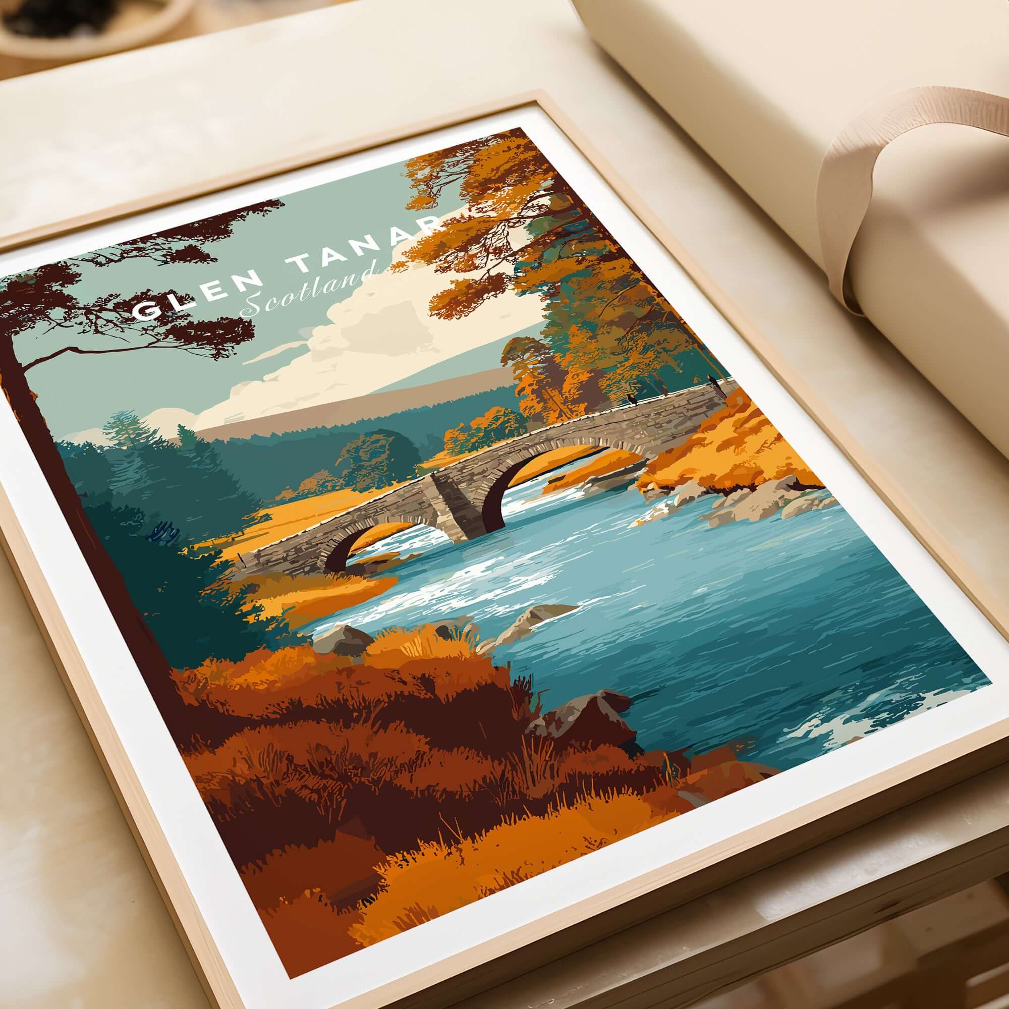 Glen Tanar Scotland Wall Art featuring a serene landscape with a bridge over a river, surrounded by lush autumn colors.