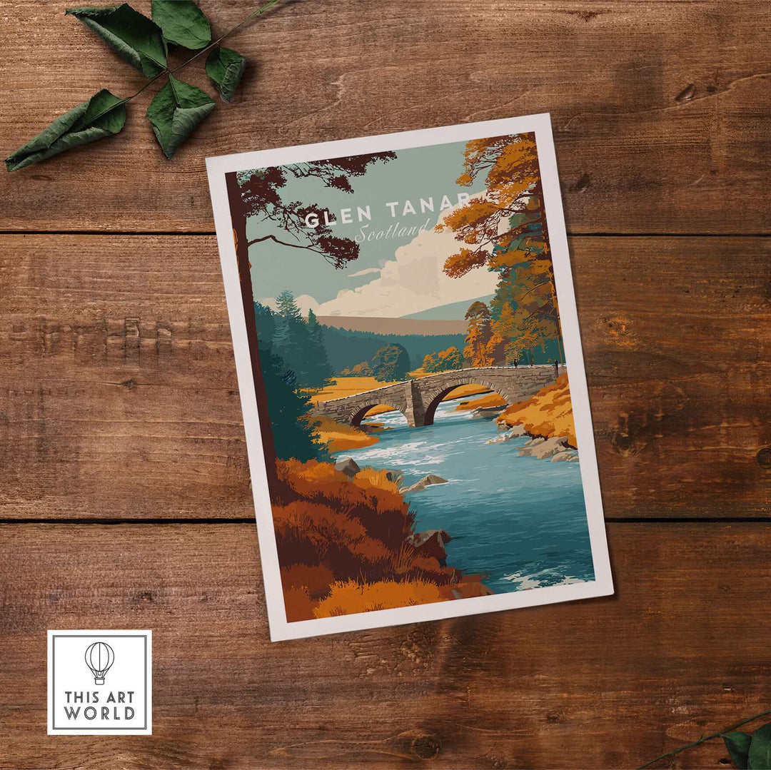 Glen Tanar, Scotland wall art showcasing a serene river, lush forest, and a picturesque bridge in autumn colors.
