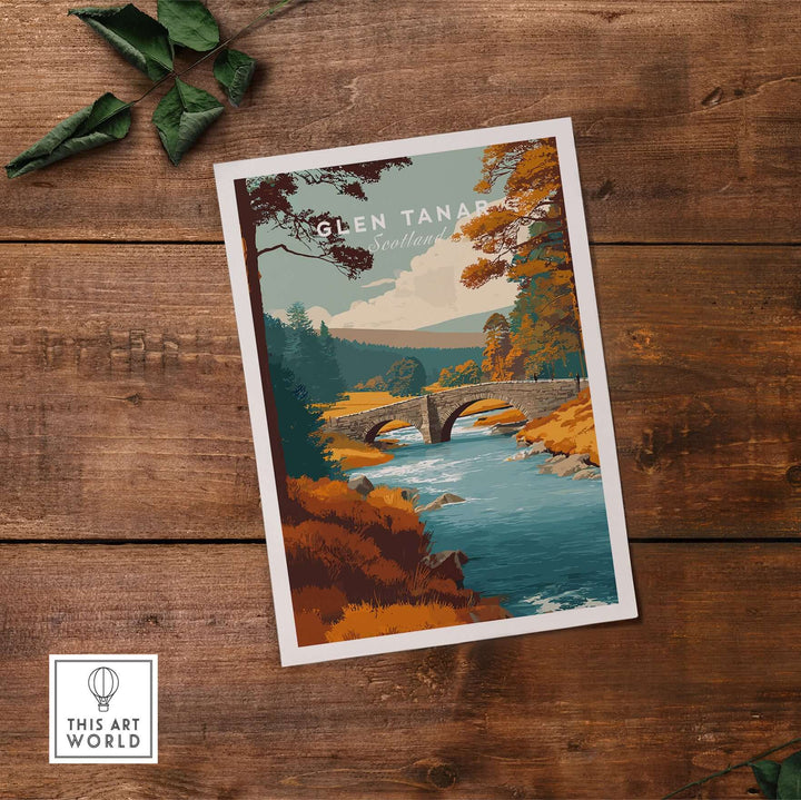 Glen Tanar, Scotland wall art showcasing a serene river, lush forest, and a picturesque bridge in autumn colors.
