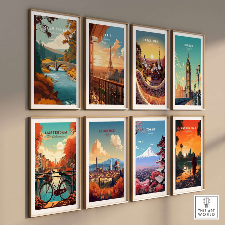 A collection of vibrant wall art prints featuring Glen Tanar, Paris, Barcelona, London, Amsterdam, Florence, Tokyo, and Angkor Wat.