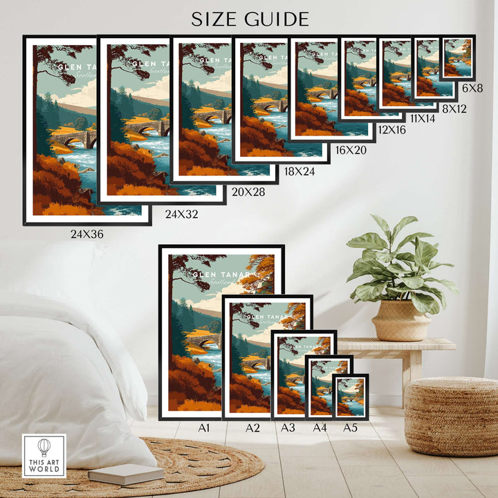 Size guide for Glen Tanar Scotland wall art prints, showcasing various frame sizes and styles in a stylish home setting.