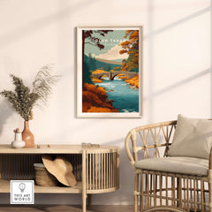 Glen Tanar Scotland Wall Art depicting a serene river and lush forest in a cozy interior setting.
