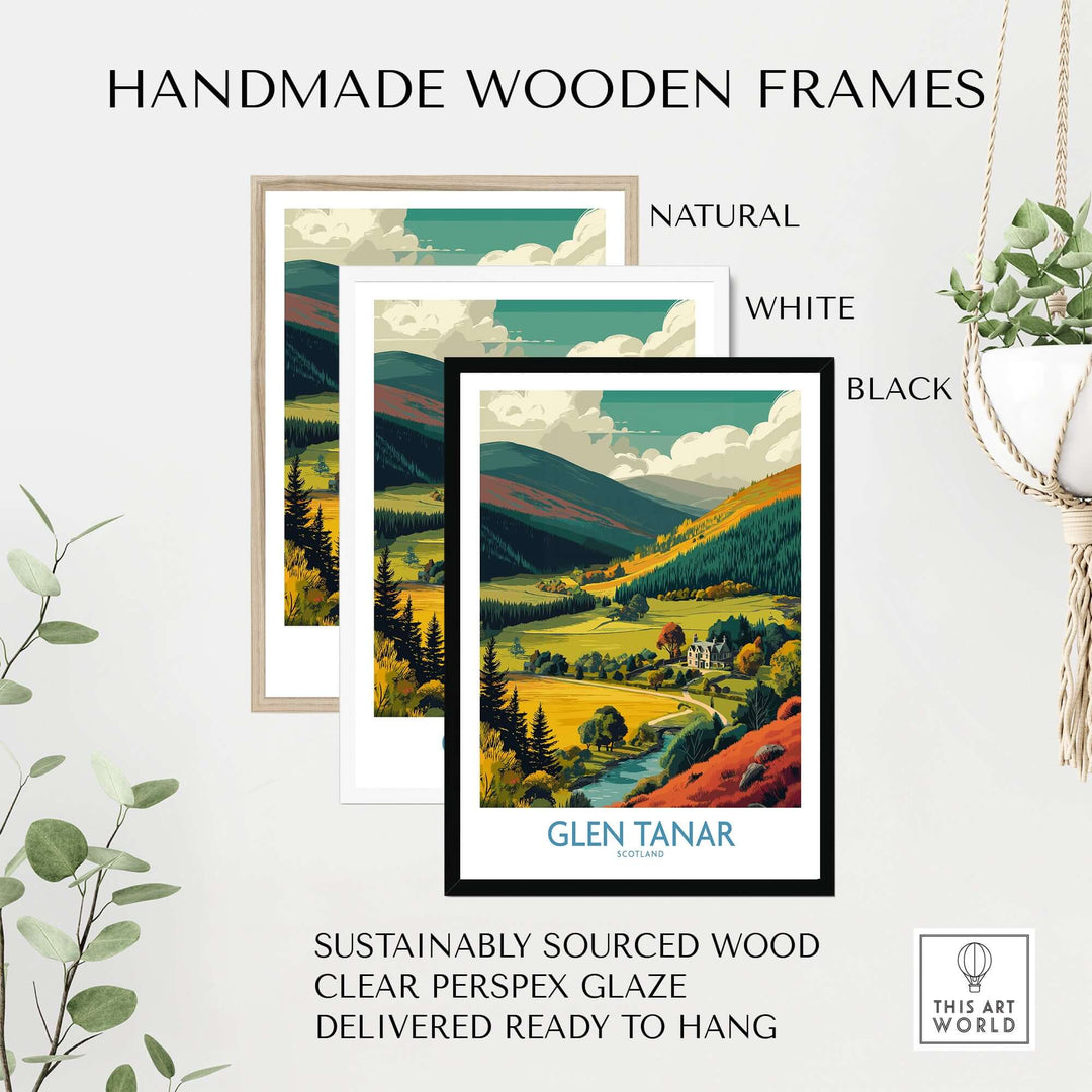 Handmade wooden frames in natural, white, and black styles for Glen Tanar travel poster, ready to hang.