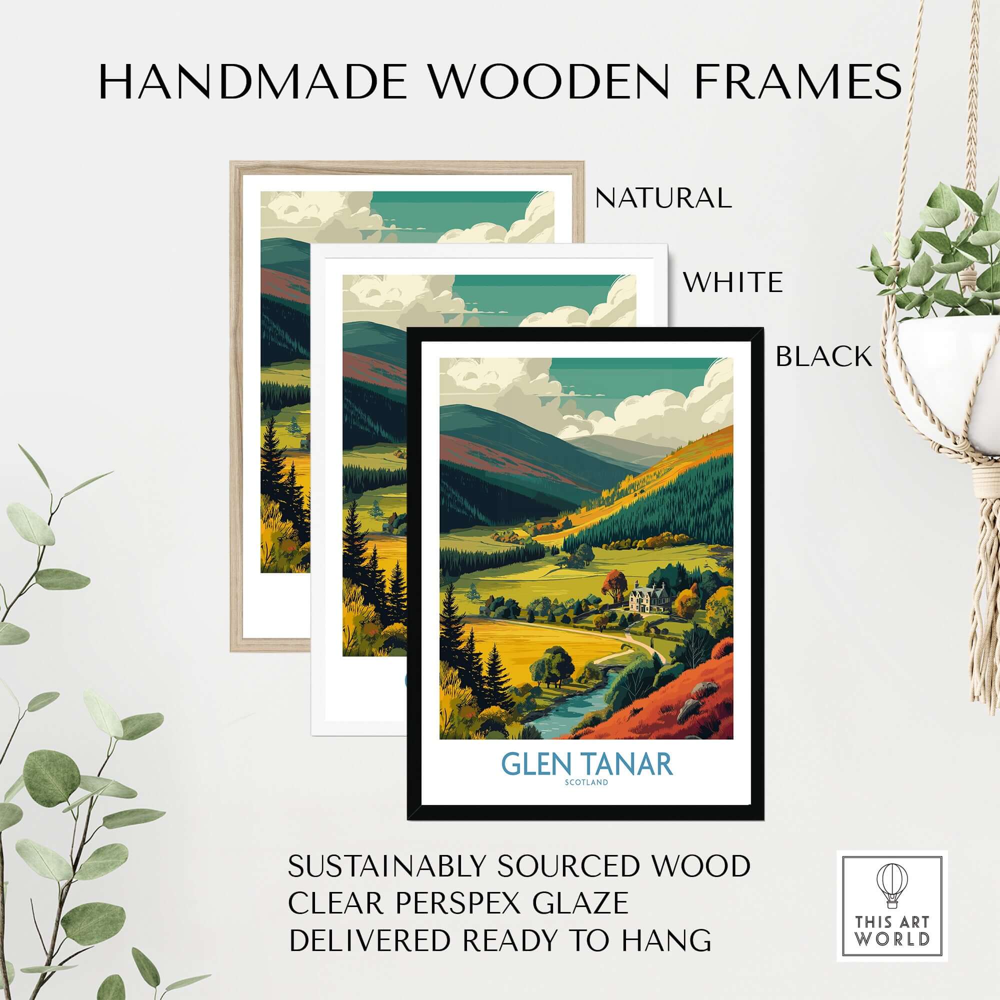 Handmade wooden frames showcasing Glen Tanar Travel Poster in natural, white, and black finishes.