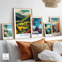 Glen Tanar Travel Poster displayed among other travel posters in a cozy living room setting.