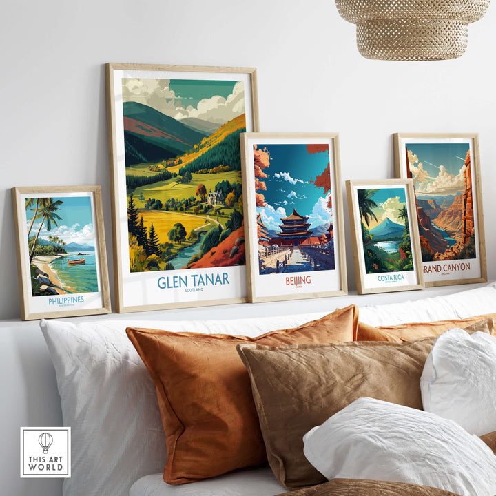 Colorful travel posters including Glen Tanar, showcasing beautiful landscapes and destinations for travel enthusiasts.