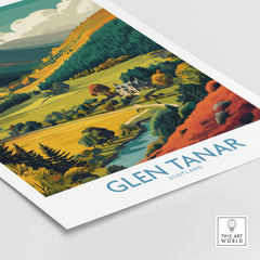 Glen Tanar Travel Poster showcasing Scottish landscapes and charming villages in vibrant colors.