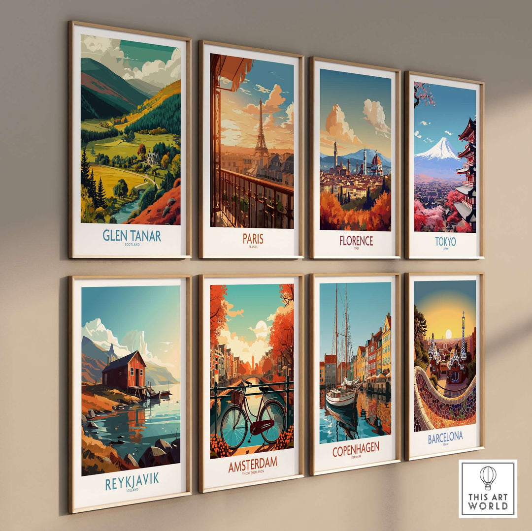 Collection of vintage travel posters including Glen Tanar, Paris, Florence, Tokyo, Reykjavik, Amsterdam, Copenhagen, and Barcelona.