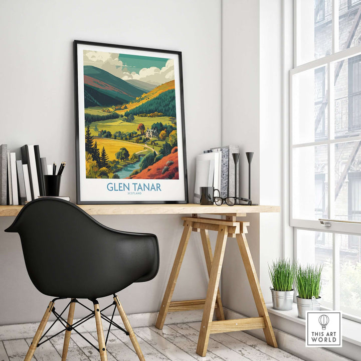 Glen Tanar travel poster showcasing Scottish landscapes and villages in a stylish home office setting.