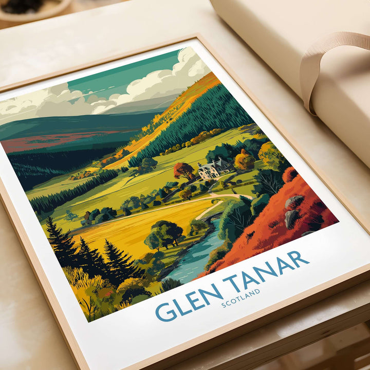 Glen Tanar travel poster showcasing scenic Scottish countryside landscapes and charming villages.