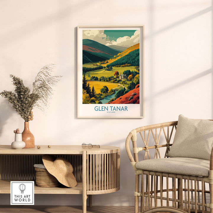 Glen Tanar travel poster showcasing stunning Scottish landscapes and charming villages, perfect for home decor.