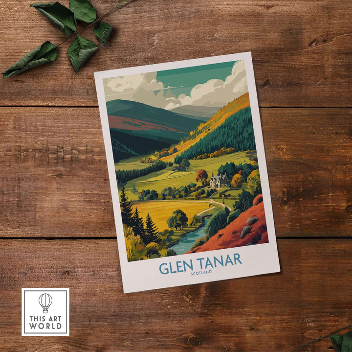 Glen Tanar travel poster showcasing the Scottish countryside's stunning landscapes and charming villages.
