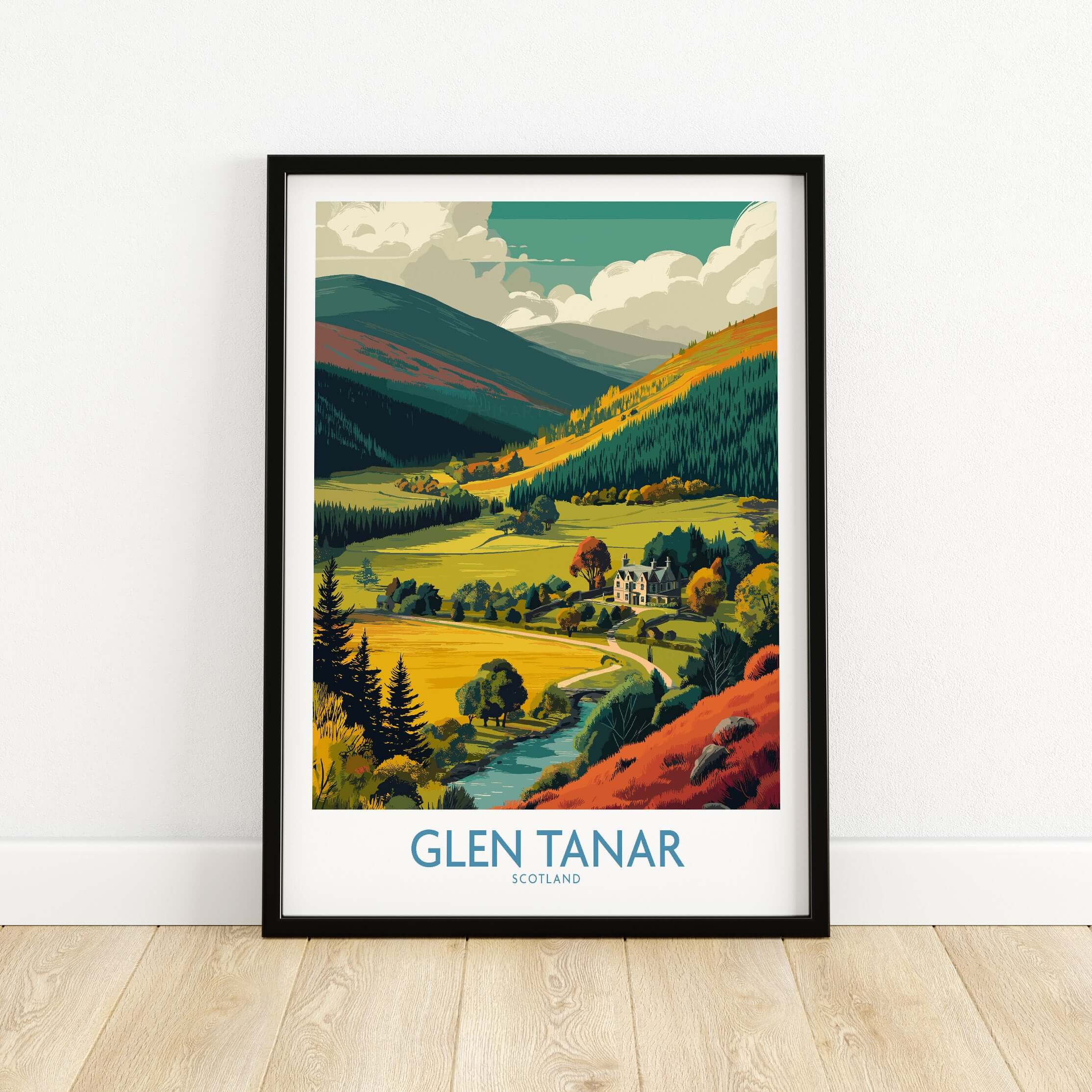 Glen Tanar Travel Poster showcasing the scenic landscapes and charming villages of Glen Tanar in Scotland.