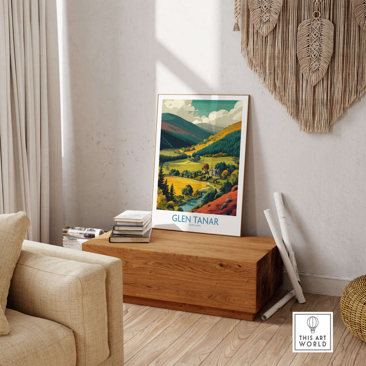 Glen Tanar travel poster showcasing scenic Scottish landscapes in a stylish home setting.
