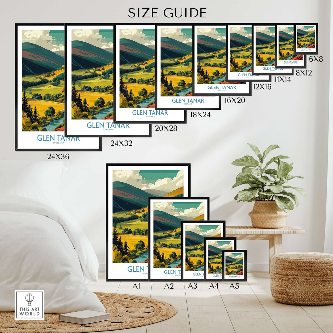 Glen Tanar travel poster size guide with various frame sizes showcasing Scottish landscapes.
