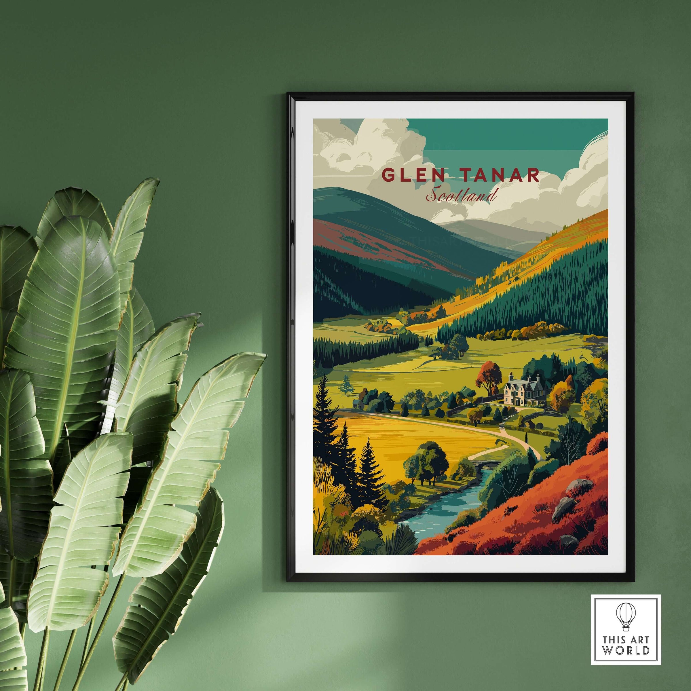 Glen Tanar Travel Print showcasing the scenic beauty of Glen Tanar in Scotland with vibrant landscapes.
