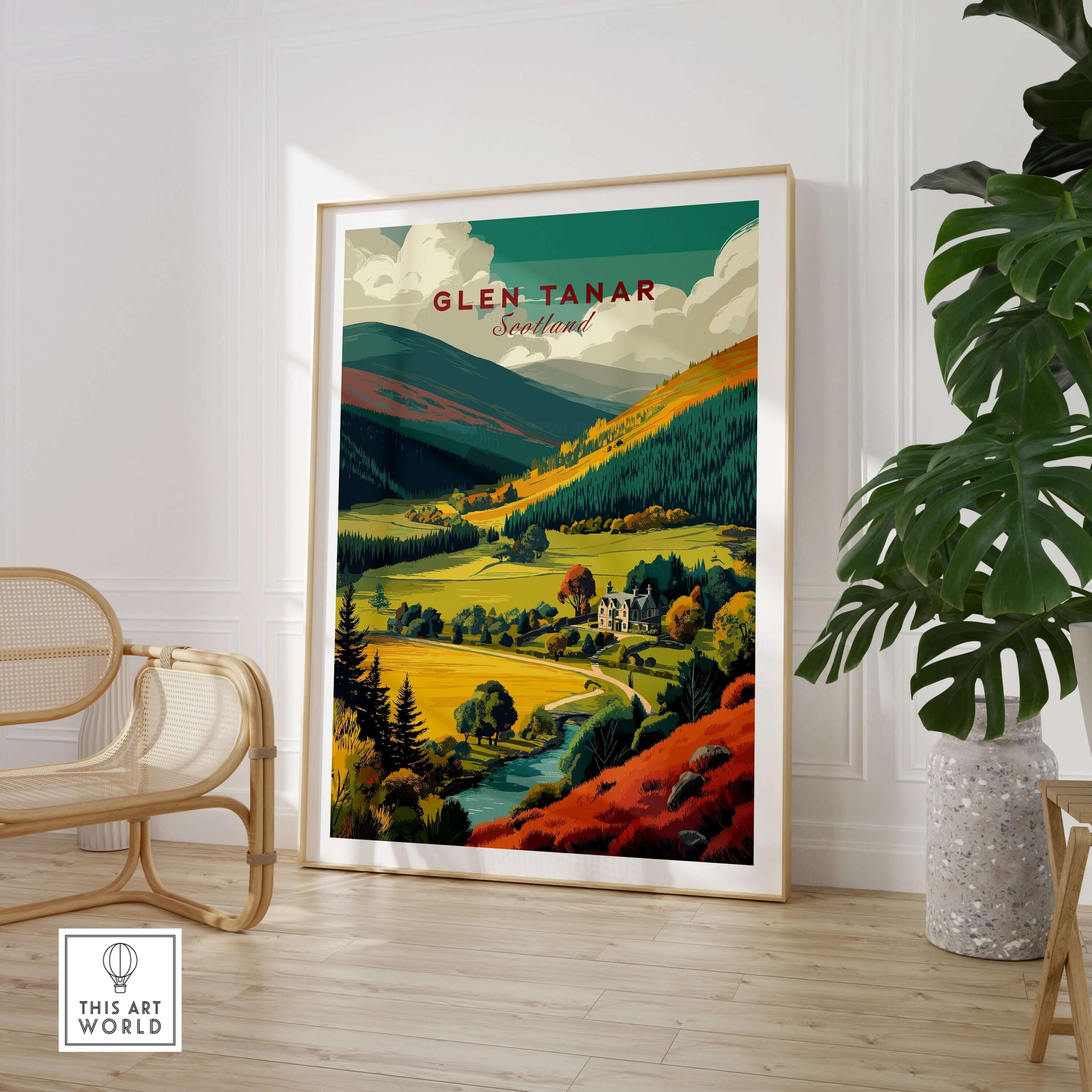 Glen Tanar Travel Print showcasing the scenic beauty of Scotland's Highlands in a decorative frame.