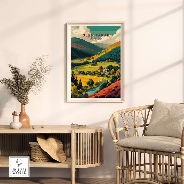 Glen Tanar travel print showcasing Scottish Highlands scenery, framed and displayed in a cozy living space.