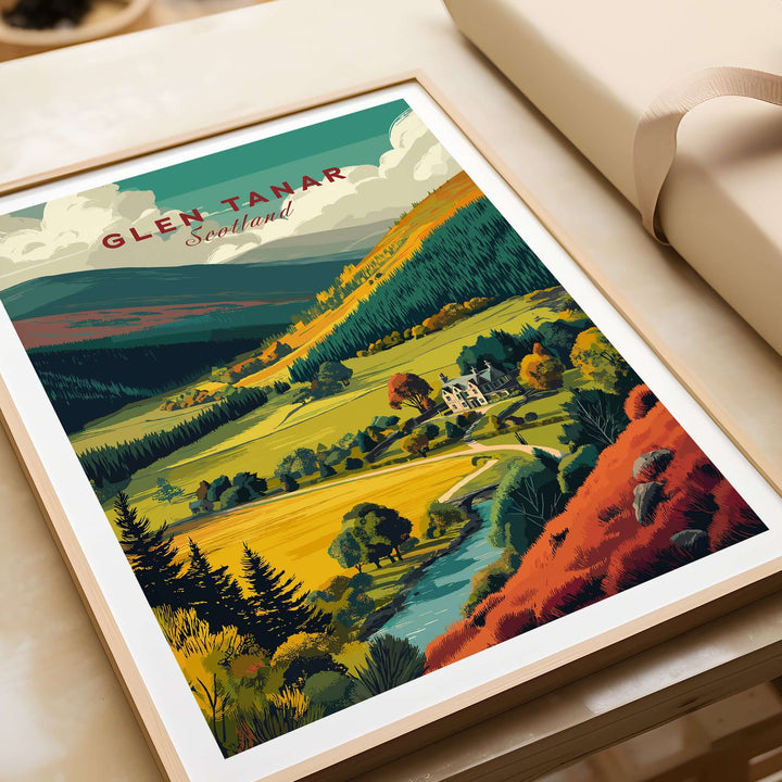 Glen Tanar travel print showcasing vibrant Scottish Highlands scenery, ideal for nature lovers and home decor.