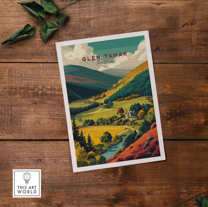Glen Tanar travel print showcasing the stunning Scottish Highlands landscape with vibrant colors.