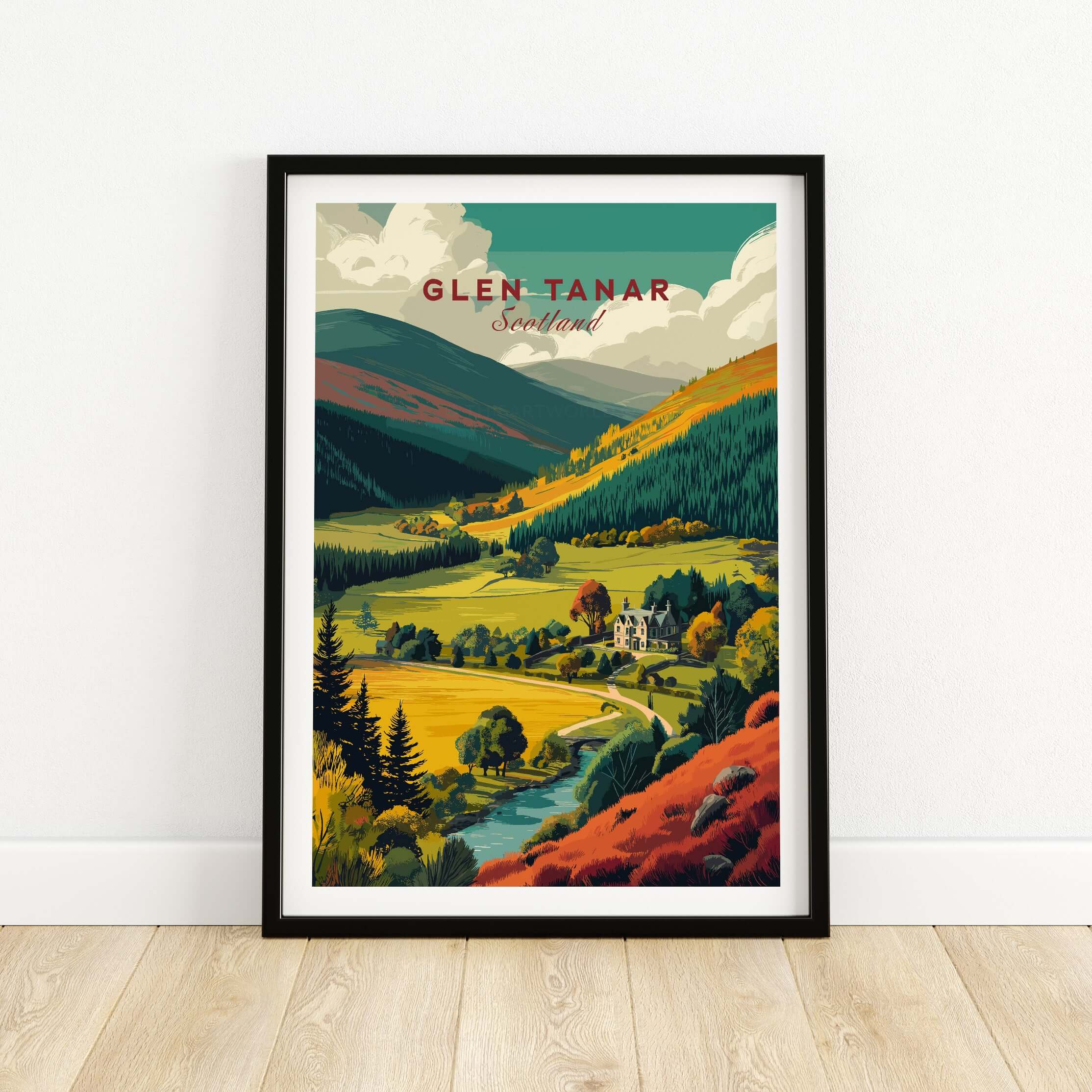 Glen Tanar Travel Print featuring scenic views of the Scottish Highlands in vibrant colors.