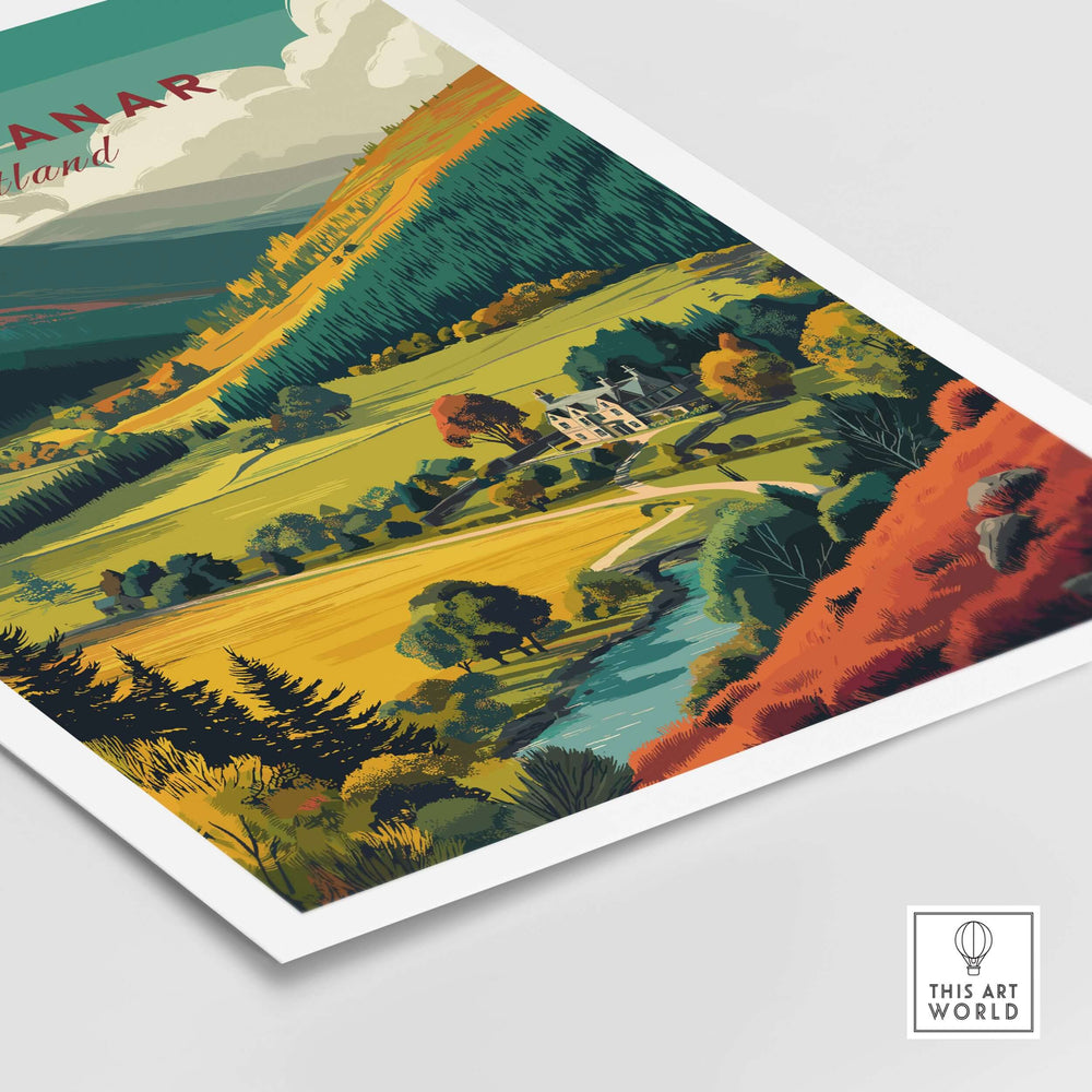 Glen Tanar travel print showcasing vibrant Scottish Highlands landscape with lush forests and a serene river.