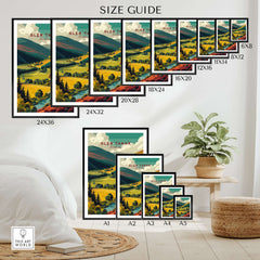 Glen Tanar Travel Print size guide showcasing various frame dimensions for the artwork.