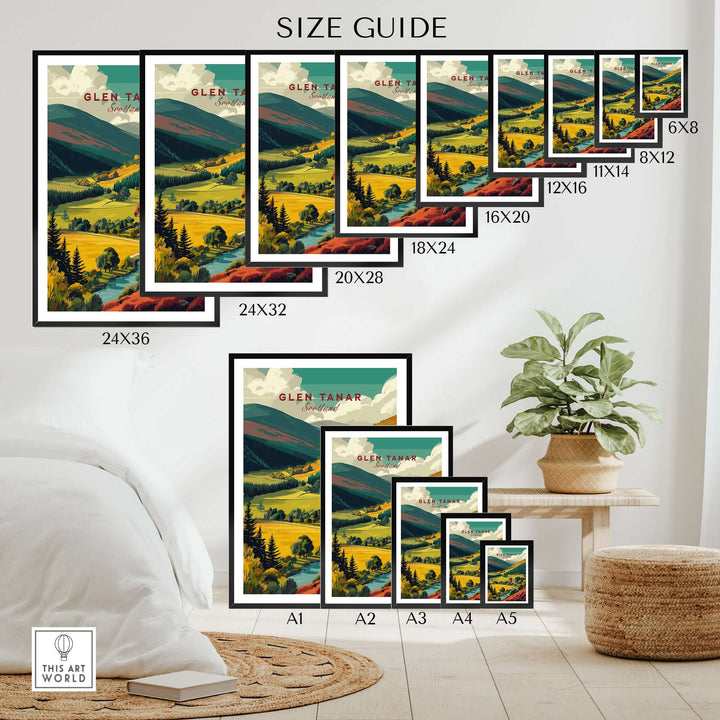 Size guide showcasing different frame sizes for the Glen Tanar Travel Print in a stylish home setting.