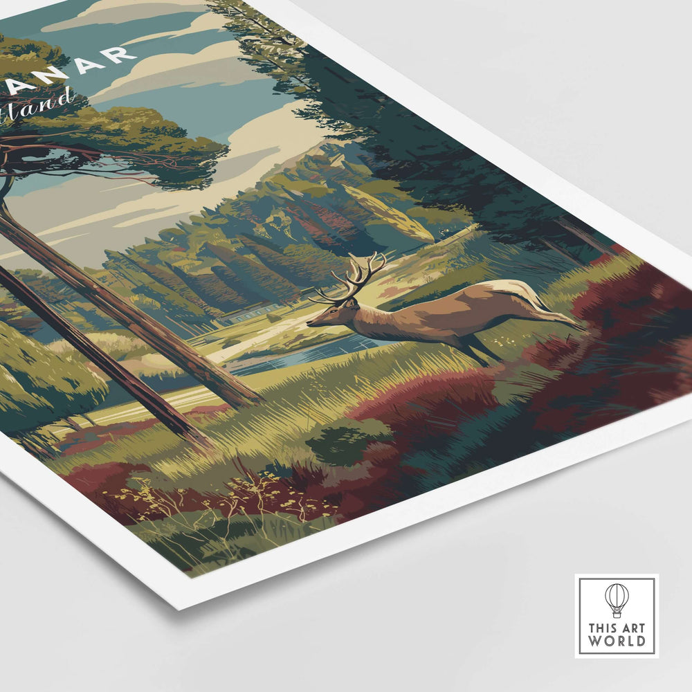Glen Tanar Wall Art Print featuring a majestic deer in a serene Scottish landscape, perfect for home decor.
