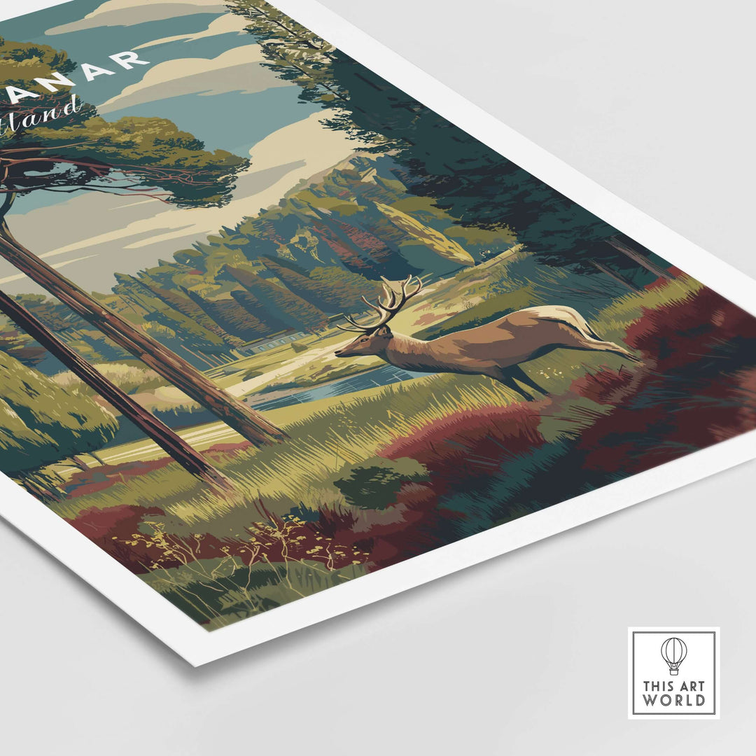 Glen Tanar Wall Art Print featuring a majestic deer in a serene Scottish landscape, perfect for home decor.