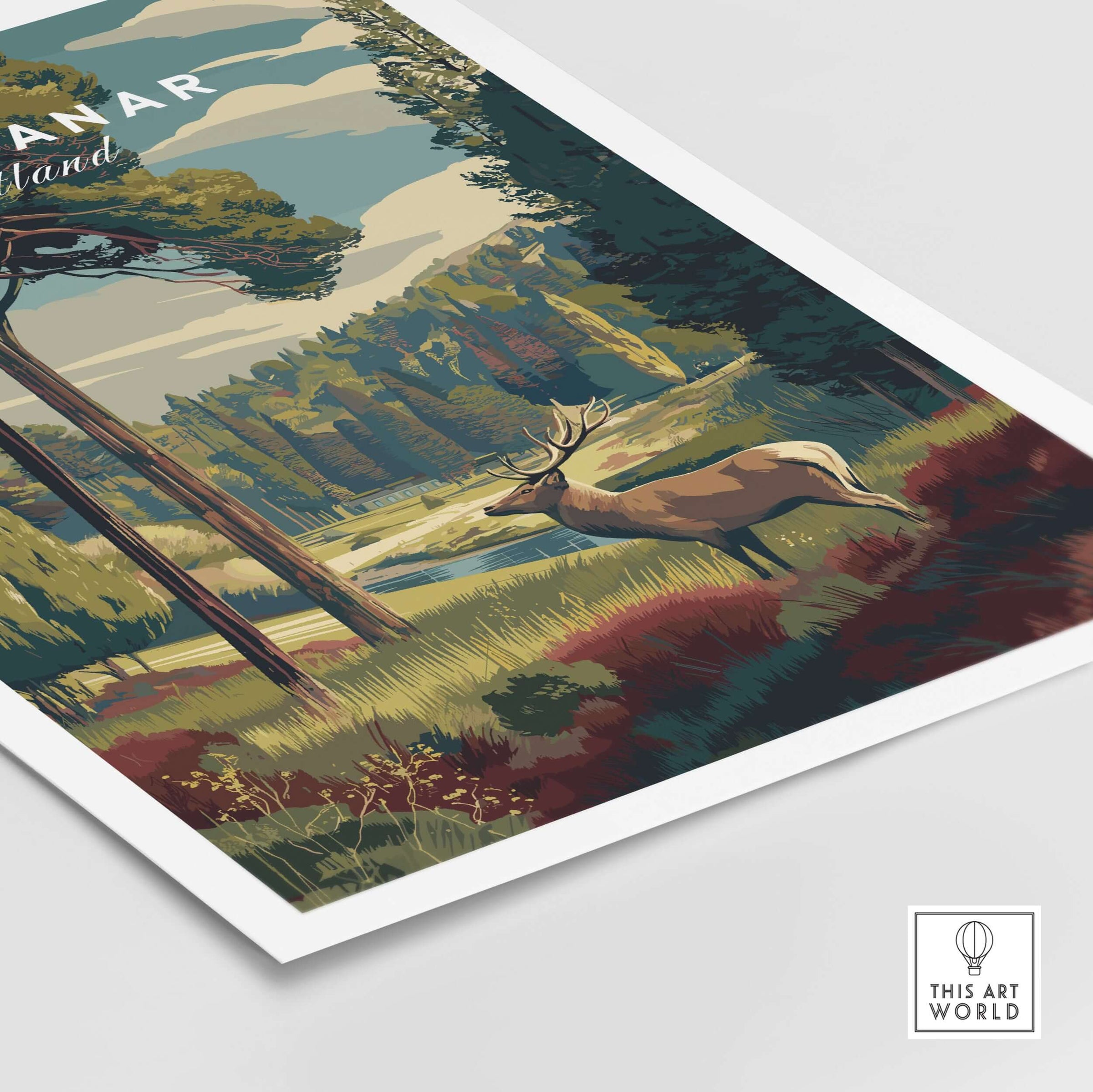 Glen Tanar Wall Art Print featuring a majestic stag in a scenic landscape of Scotland.