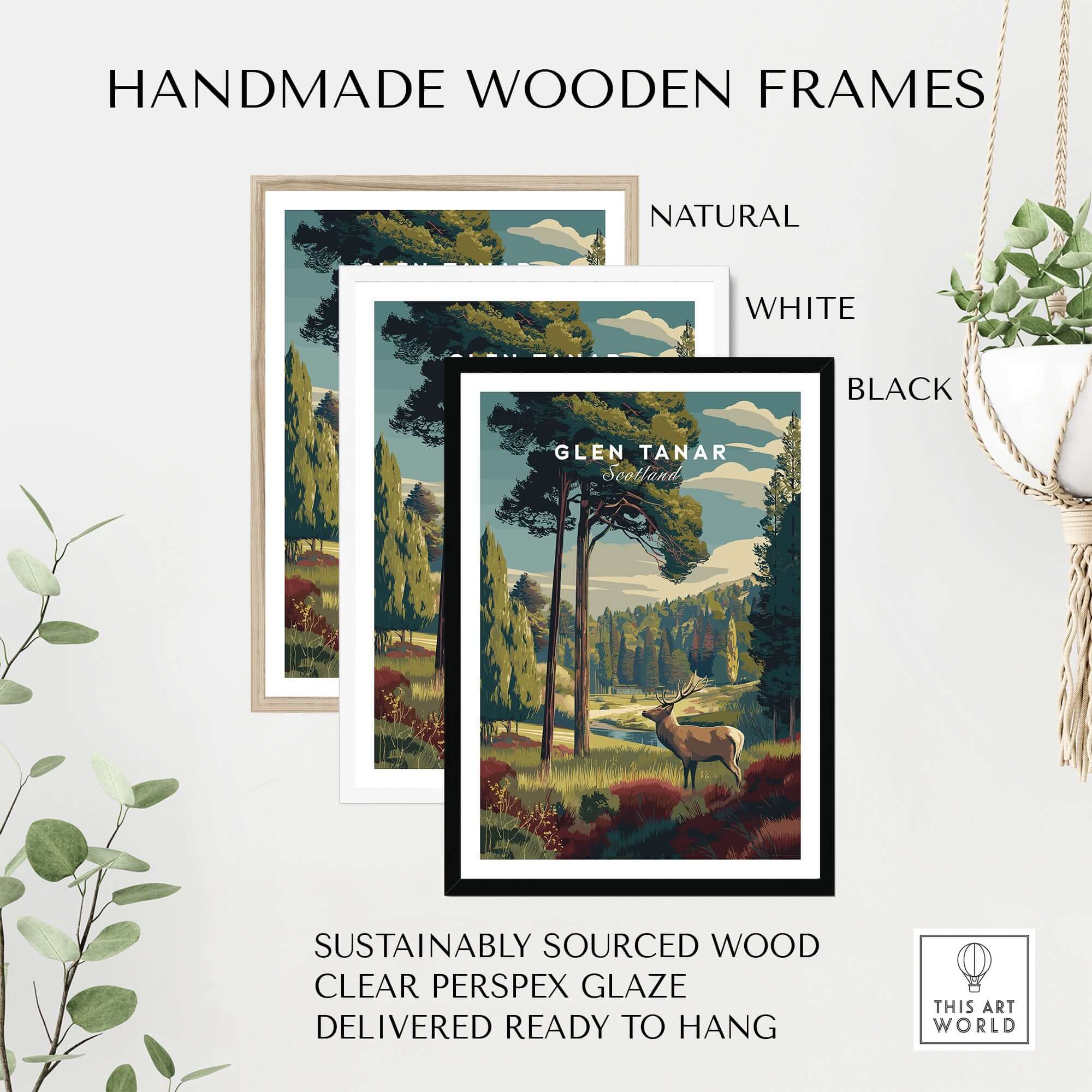 Glen Tanar Wall Art Print displayed in handmade wooden frames, available in natural, white, and black finishes.