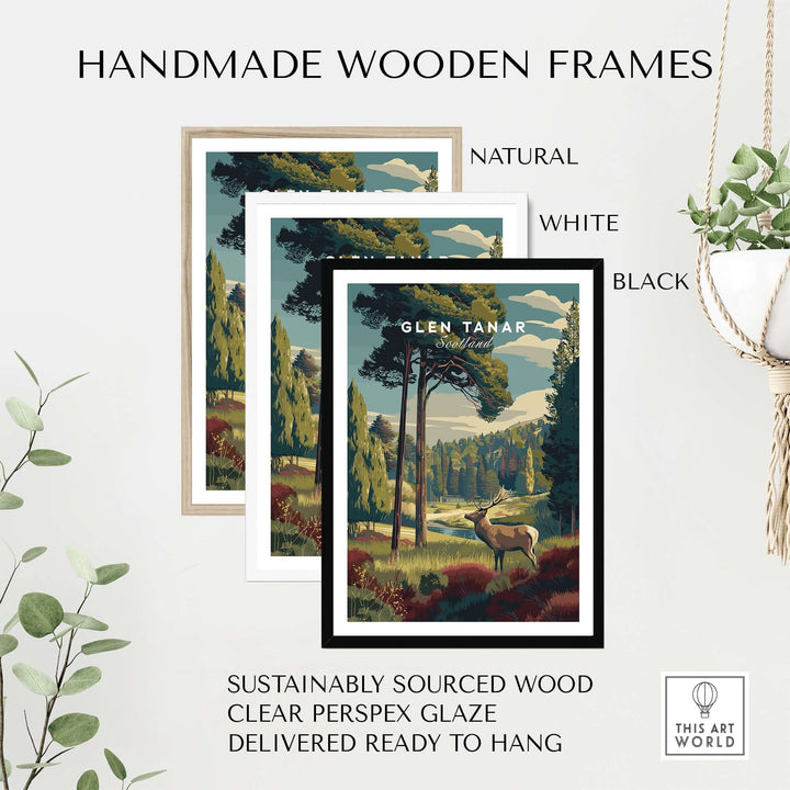 Glen Tanar Wall Art Print in handmade wooden frames, showcasing natural, white, and black options for elegant home decor.