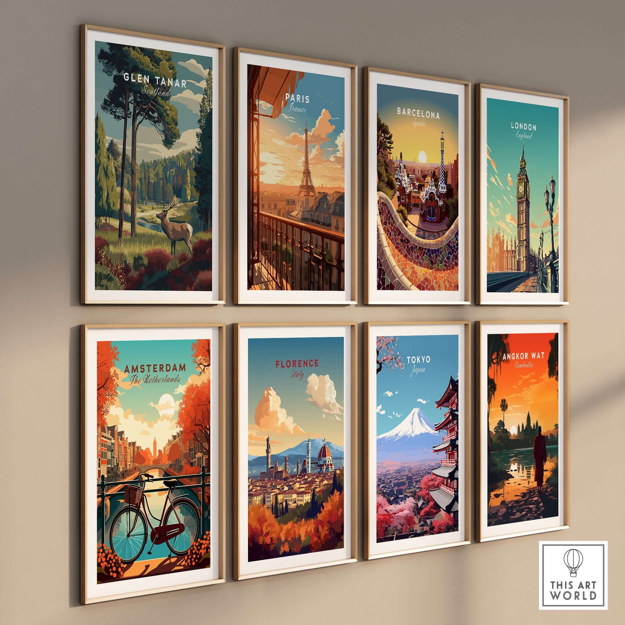 Glen Tanar Wall Art Print showcased among various city-themed wall art prints in a stylish gallery arrangement.