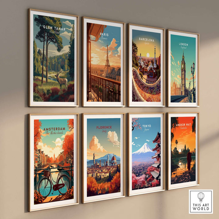 Collection of vibrant travel-themed wall art prints including Glen Tanar, Paris, Barcelona, and more, enhancing home decor.