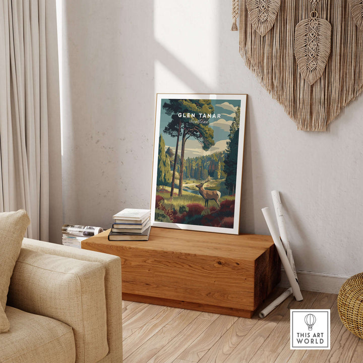 Glen Tanar wall art print showcasing a majestic landscape in a cozy home setting, adding elegance and nature-inspired decor.