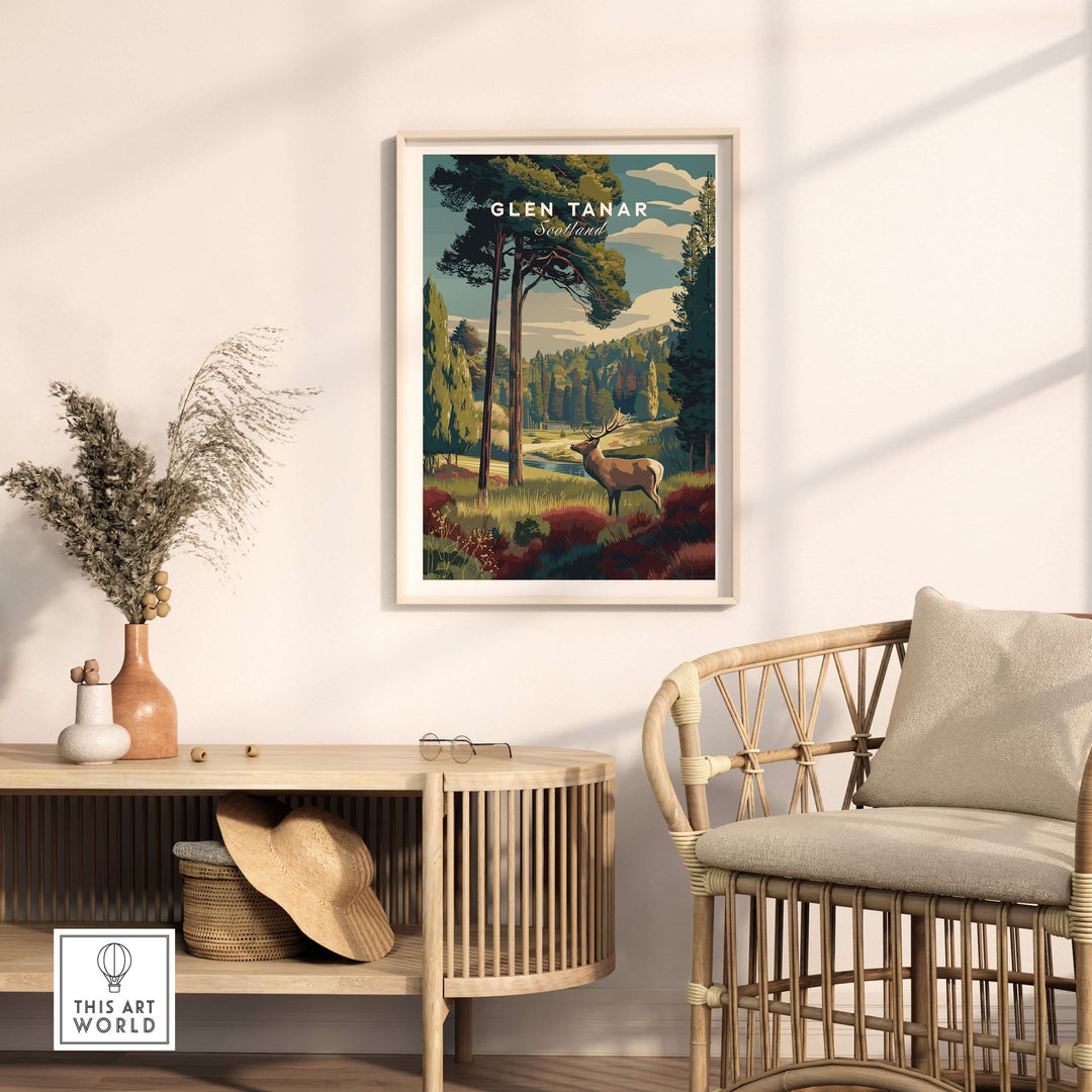 Glen Tanar Wall Art Print featuring a stunning landscape with deer, enhancing home decor with nature's beauty.